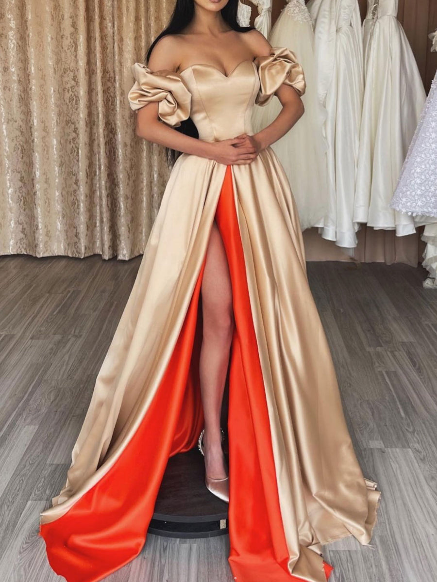 CHAMPAGNE SATIN LONG PROM DRESS, CHAMPAGE EVENING DRESS     fg78