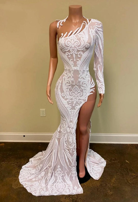 Sparkly Elegant Evening Dresses 2022 Sexy Mermaid Single Long Sleeve White Sequin African Black Girl High Slit Prom Dress     fg79