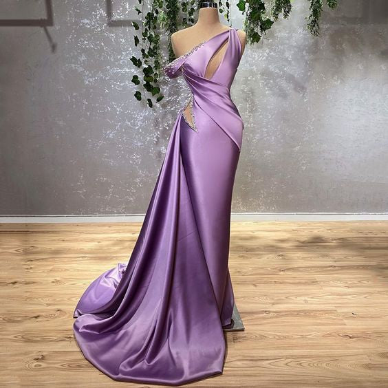 Sexy Prom Dress Lavender Mermaid Floor Length One Shoulder Evening Party Gowns     fg799