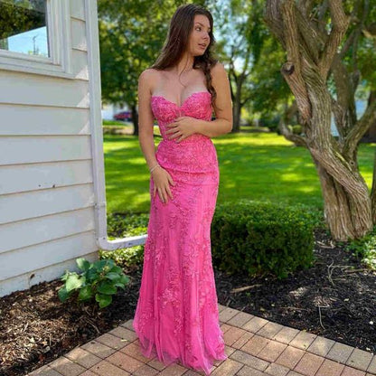 Strapless Hot Pink Lace Long Prom Dress with Appliques     fg826