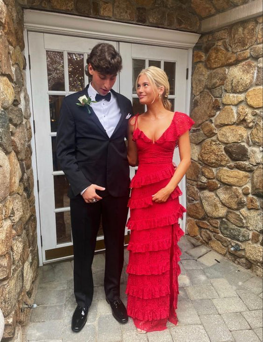 long red prom dresses, sexy lace evening dress with slit      fg833