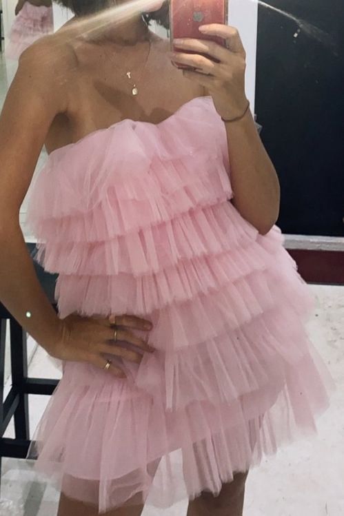 Tiered Tulle Pink Homecoming Dress, Princess Strapless Short Prom Dress       fg838