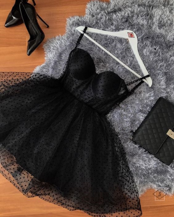 Black polka dot Tulle strapless corset short dress homecoming dresses      fg843