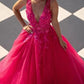 Deep V-neck Tulle Long Prom Dresses with Appliques and Beading     fg85