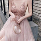 Elegant A-line tulle long formal dress features with spaghetti straps, rhinestions bodice and side slit prom gown     fg86
