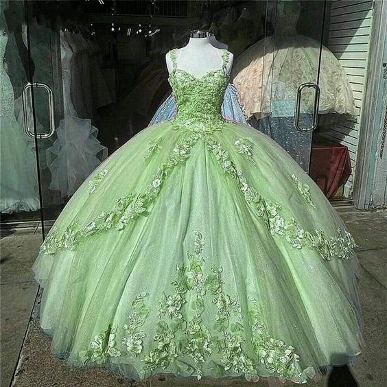 Green Quinceanera Dresses Lace Applique Beaded Bling Organza Sweet 16 Dress Ball Gown Prom Dress     fg889