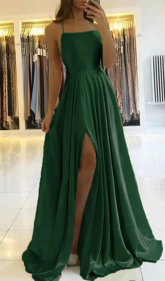 Superbe robe de bal vert foncé en satin à bretelles spaghetti et fente sexy fg89