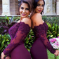 Custom Made Off Shoulder Mermaid Maroon Long Sleeves Lace Prom Dresses, Burgundy Lace Bridesmaid Dresses, Formal Dresses        fg911