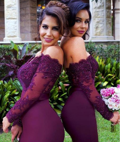 Custom Made Off Shoulder Mermaid Maroon Long Sleeves Lace Prom Dresses, Burgundy Lace Bridesmaid Dresses, Formal Dresses        fg911