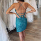 Teal Blue Sequins V-Neck Short Homecoming Dress       fg917