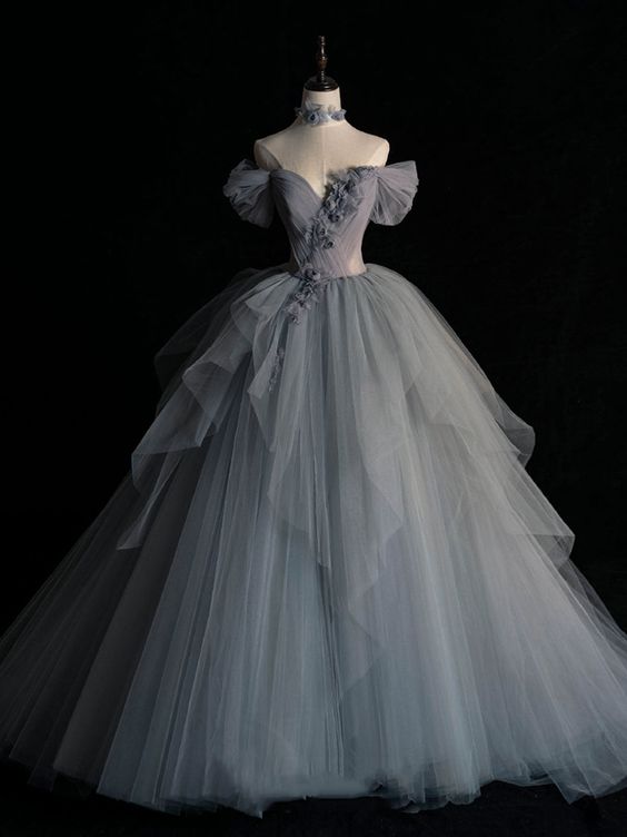 Gray sweetheart neck tulle long prom dress, gray evening dress      fg934