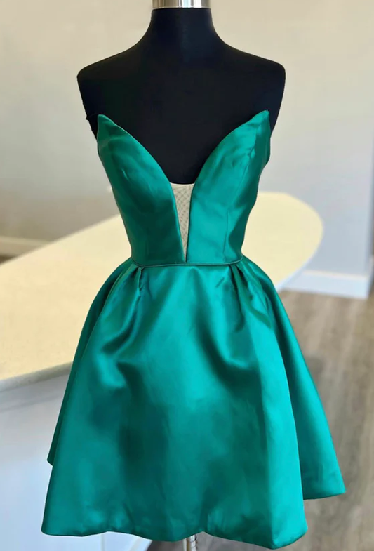 Green satin short prom dress homecoming dress       fg954