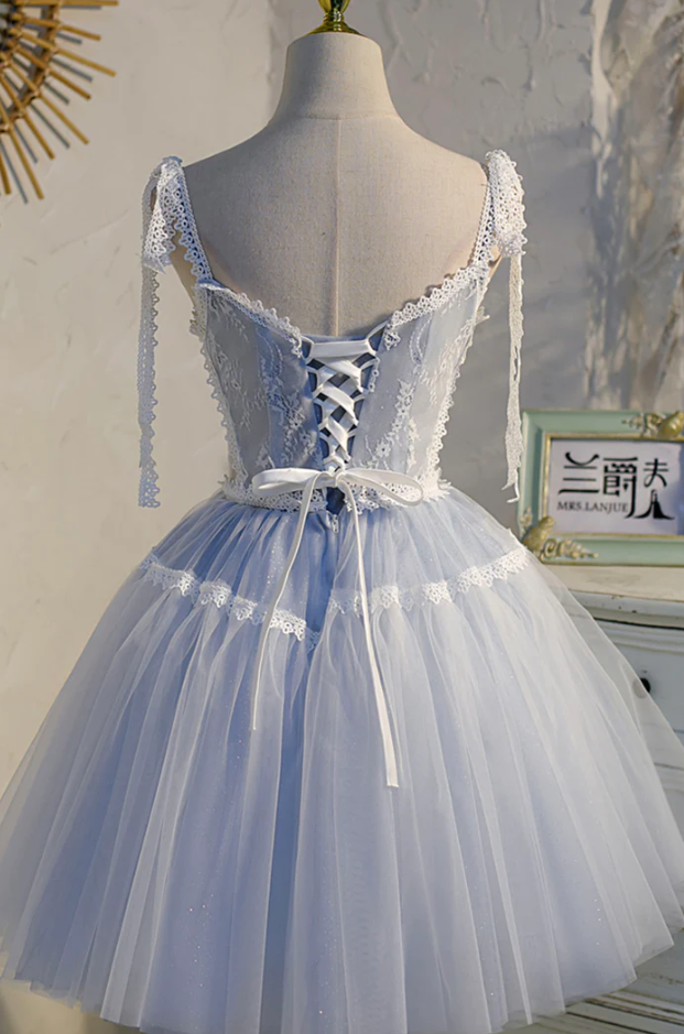 Blue lace short prom dress homecoming dress    fg962