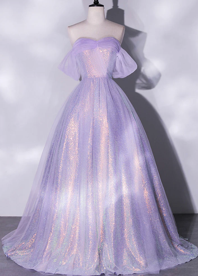 Shiny tulle sequins long purple prom dress A-line evening dress    fg966