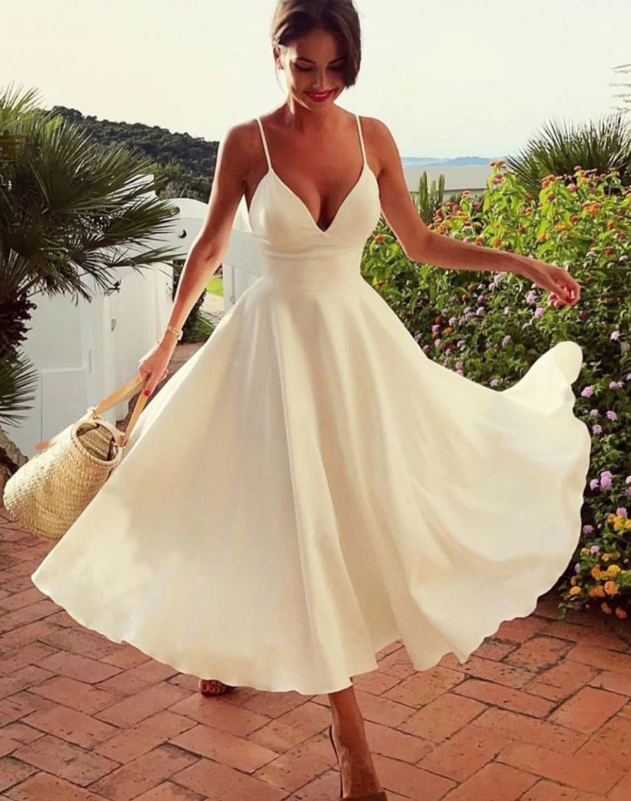 Simple V Neck White Prom Dress, Tea Length Saint Formal Wedding Party Dress    fg967