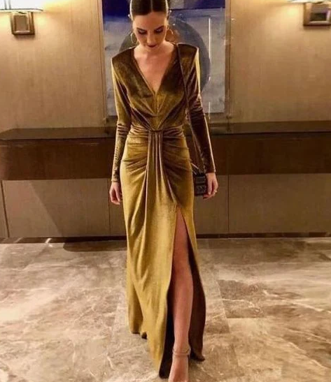 Robe de bal sexy en velours à col en V et manches longues, fg982