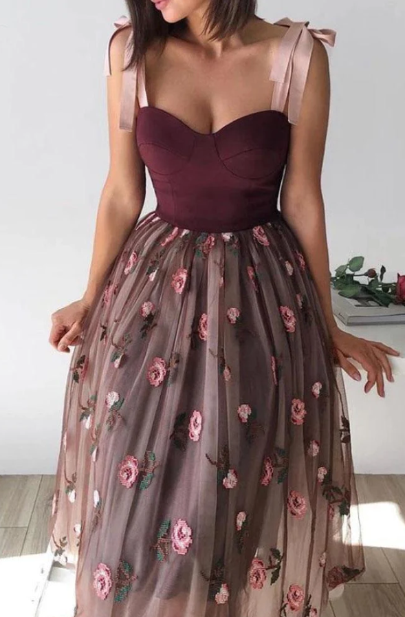 A Line Tulle Short Prom Dresses Floral Skirt Tea Length Women Casual Gowns       fg985