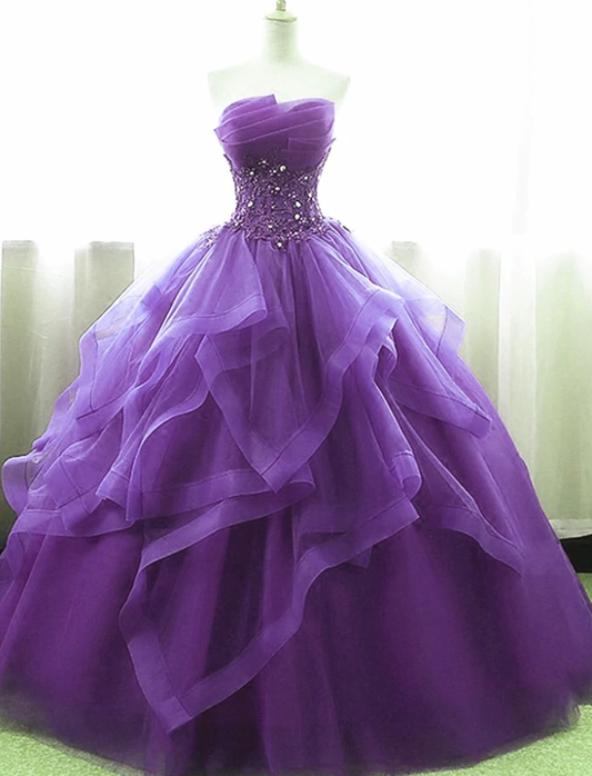 Purple Ball Gown Organza and Tulle Sweet 16 Dress with Lace Appique, Purple Formal Gown    fg99