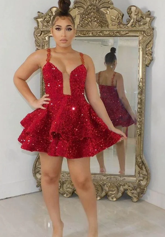 Short red flared sequins dress, short red sequins prom dress     fg990