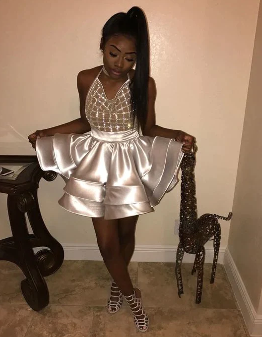 Silver Satin Mini Short Homecoming Dresses Halter Tiered Simple Black Girl African Girl Short Prom Dresses    fg994